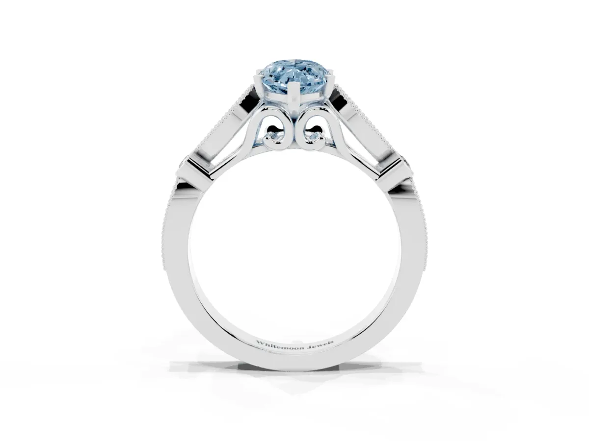 Fancy Blue Marquise Cut Cut Diamond with Milgrain Marquise and Bezel Accents on a Solitaire Band with Prong Setting Silver