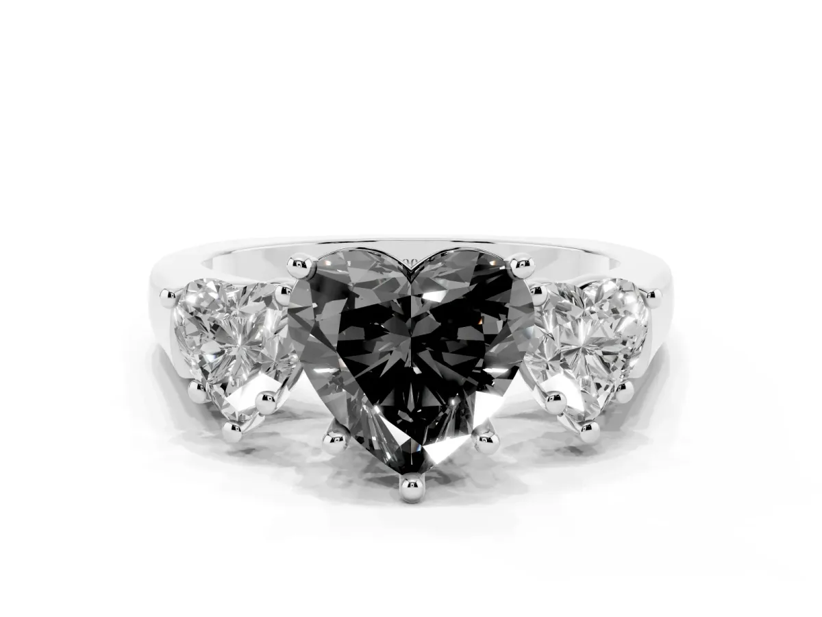 Fancy Black Three-Stone Heart Cut Brilliant Diamond Trellis Ring with Comfort Fit Band White gold