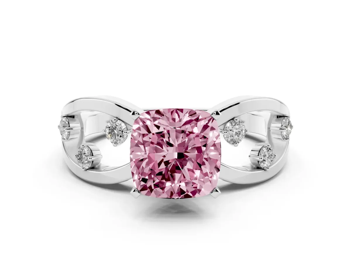 Fancy Pink Cushion Cut Cut Solitaire Diamond with Side Stones on Criss-Cross Band and Four-Prong Setting Platinum
