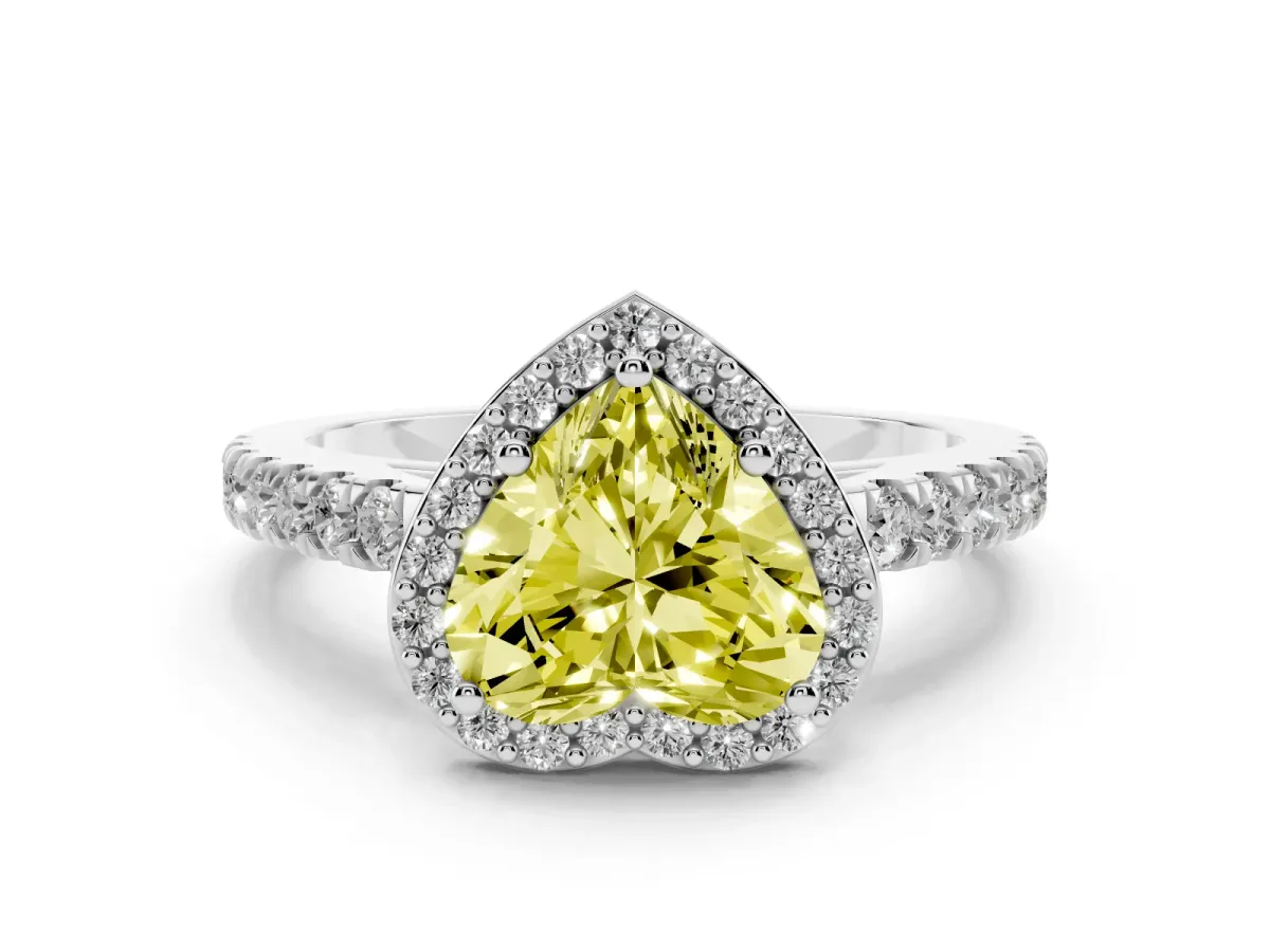 Fancy Yellow Heart Cut Cut Halo Diamond Engagement Ring with Pave Band and Four-Prong Setting Silver