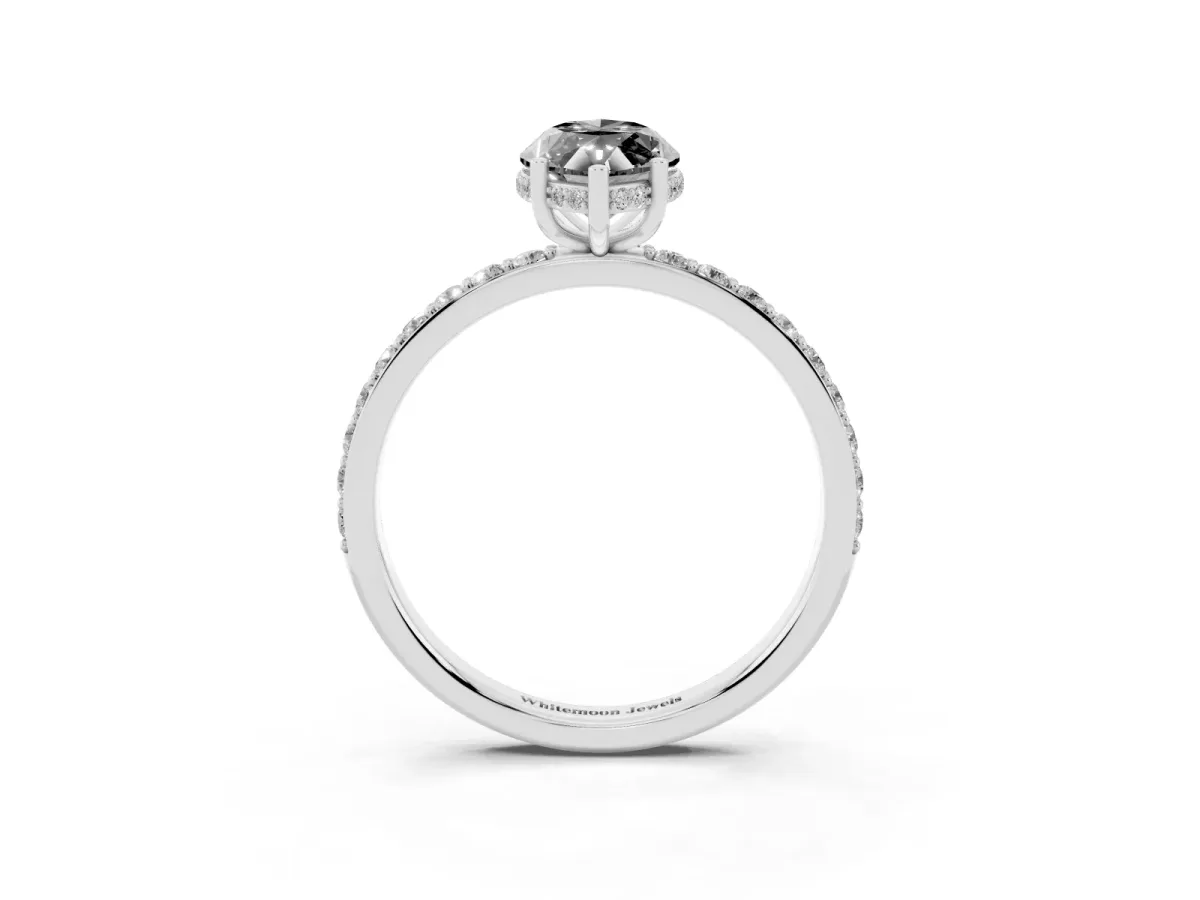 Fancy Black Marquise Cut Diamond Solitaire Ring with Pavé Band and Hidden Halo Silver