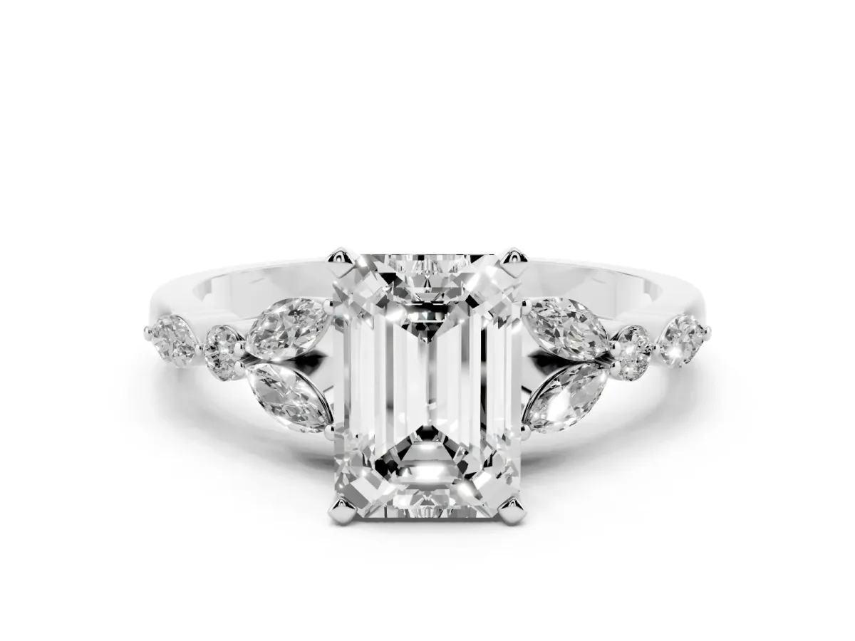 Emerald Cut Diamond Solitaire Ring with Side Stones and Four-Prong Setting Platinum