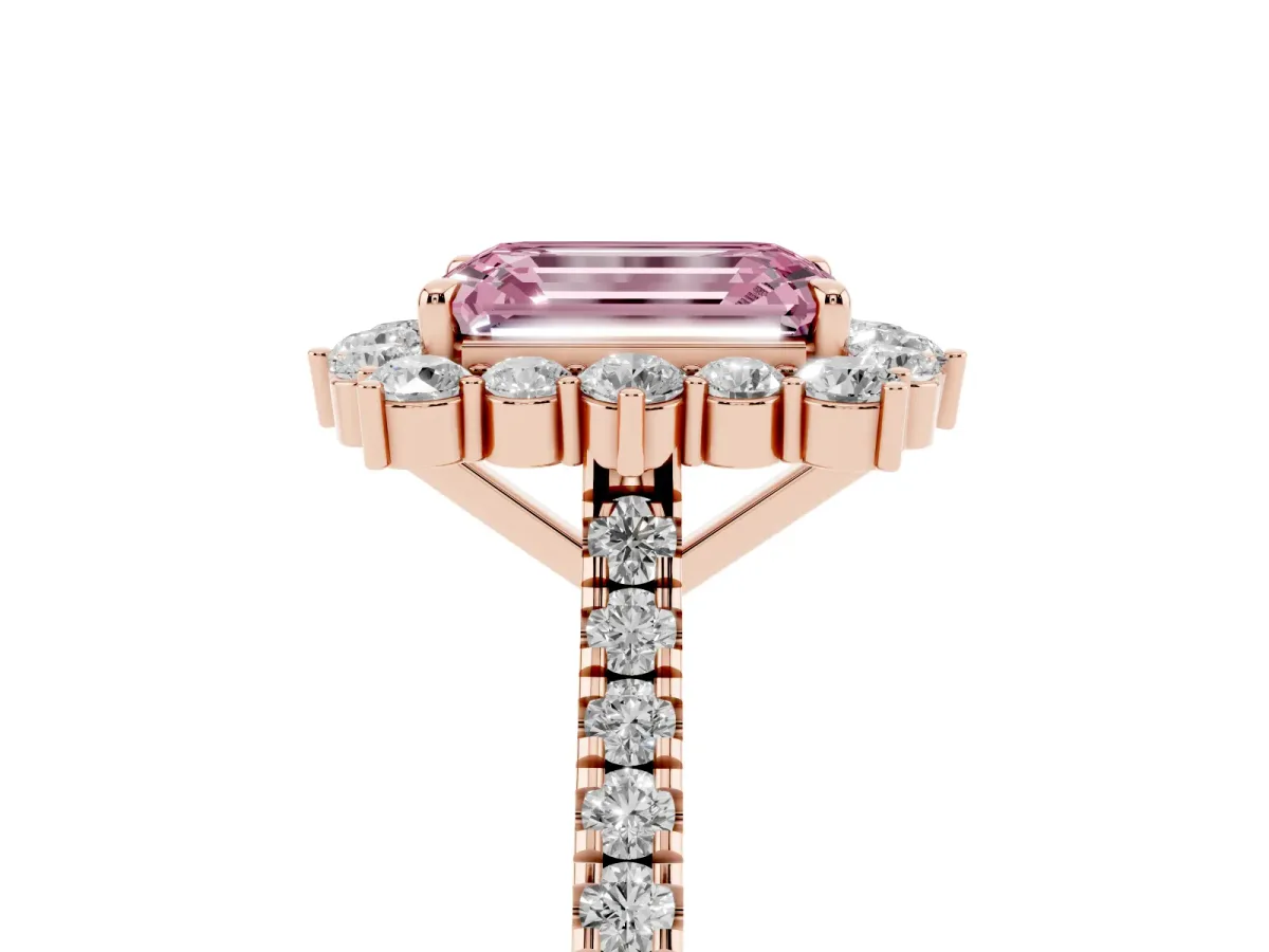 Fancy Pink Emerald Cut Halo Diamond Ring with Pavé Band and Prong Setting Rose gold