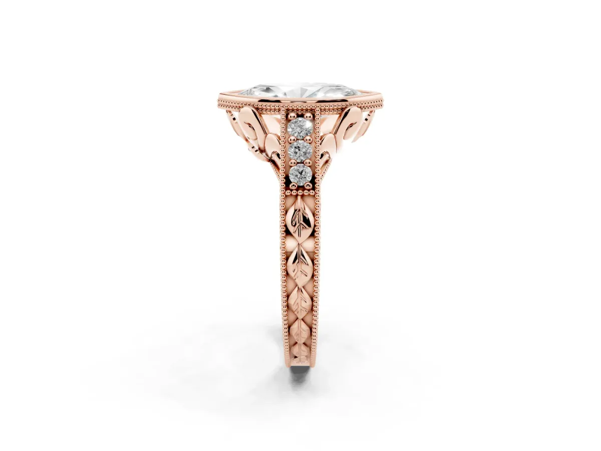 Bezel Set Marquise Cut Diamond Milgrain Pave Engagement Ring Rose gold
