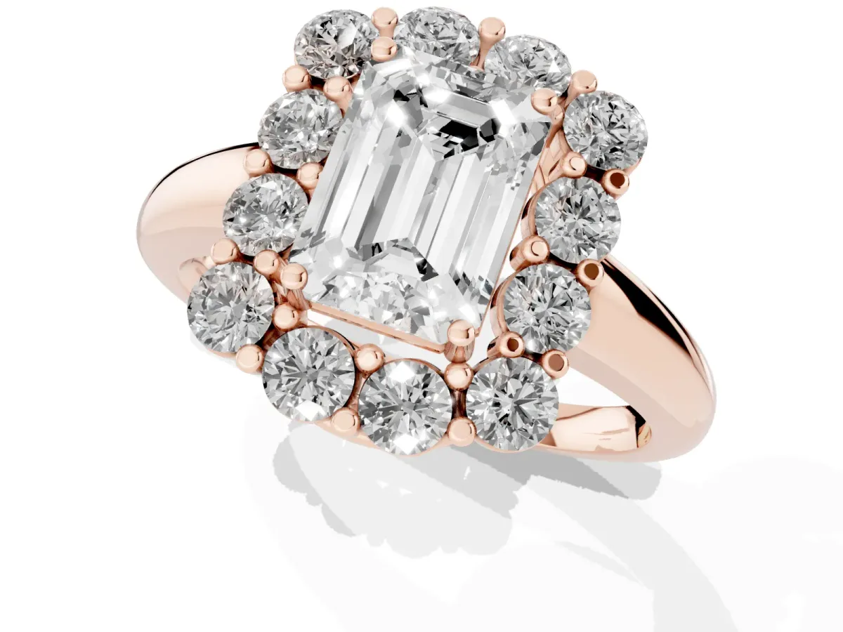 Emerald Cut Halo Cluster Diamond Engagement Ring with Prong Setting and Polished Band Rose gold