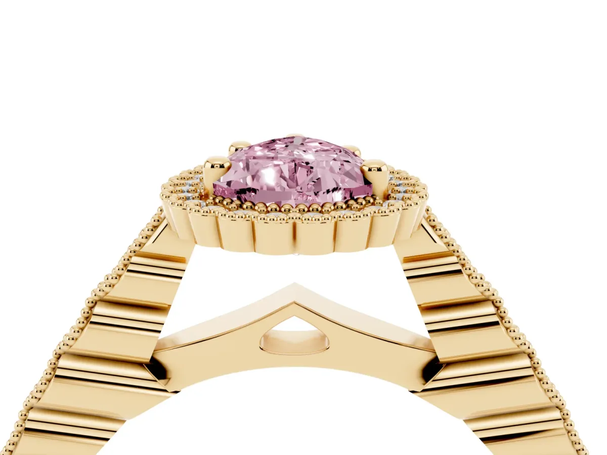 Fancy Pink Pear Cut Cut Halo Pavé Solitaire Ring with Milgrain Band Yellow gold