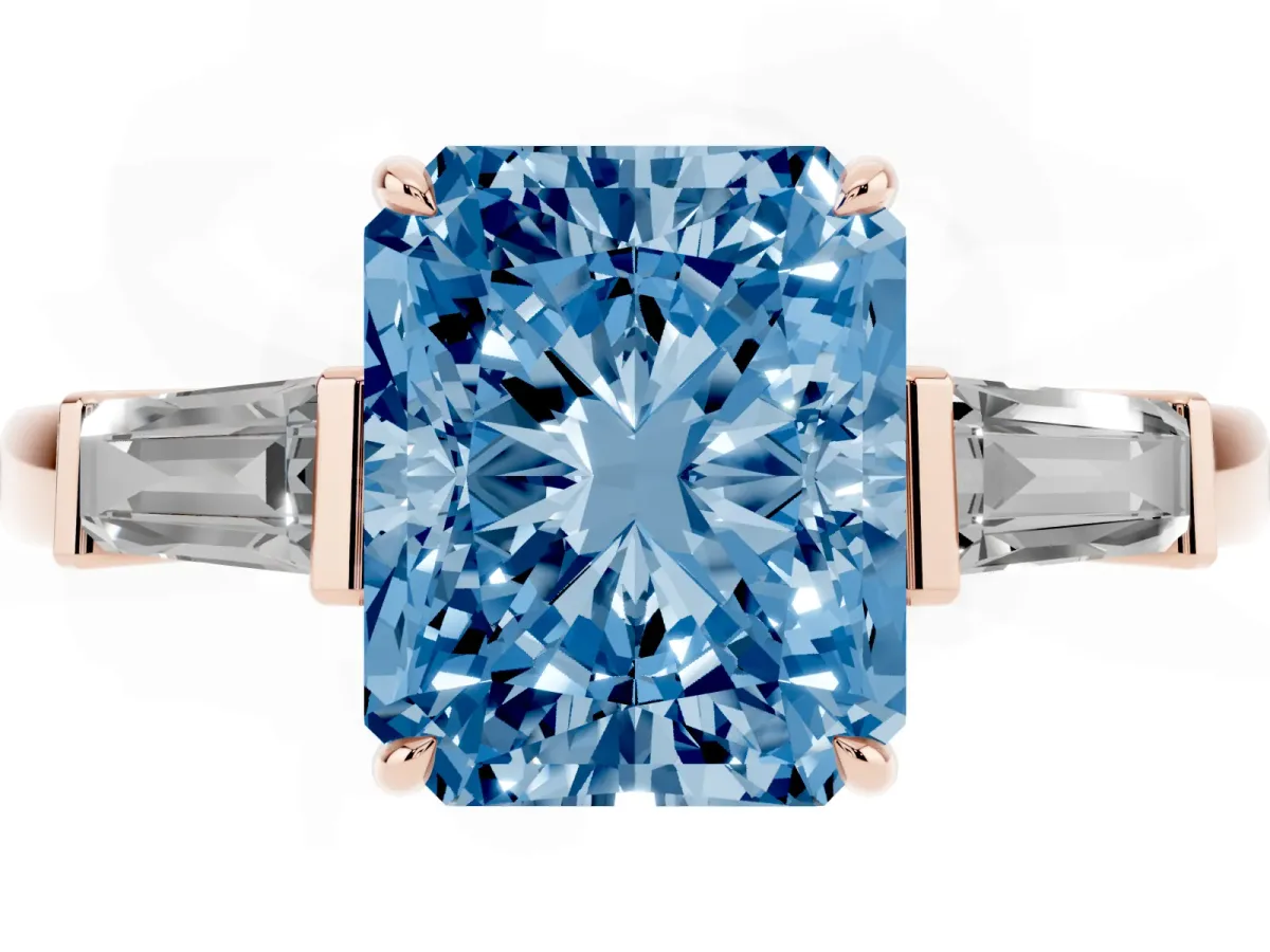 Fancy Blue Radiant Cut Diamond Three-Stone Ring with Tapered Baguette Side Stones and Prong Setting Rose gold