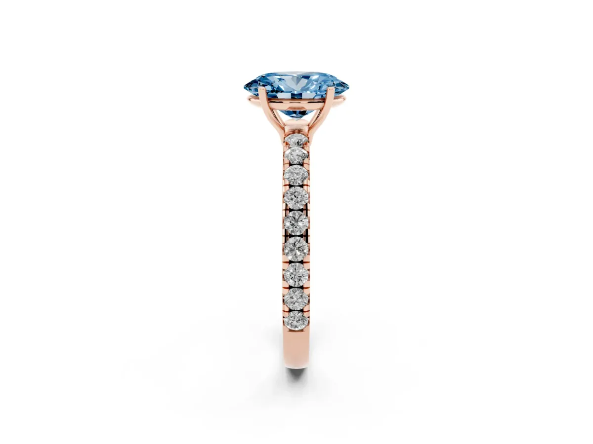 Fancy Blue Oval Cut Diamond Pavé Solitaire Engagement Ring with Four-Prong Setting Rose gold