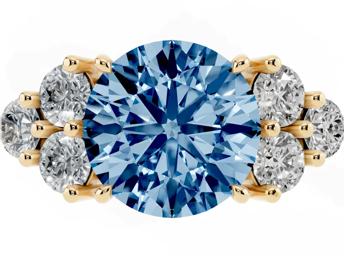 Fancy Blue Round Cut Brilliant Diamond Cluster Accent Solitaire Ring with Prong Setting Yellow gold