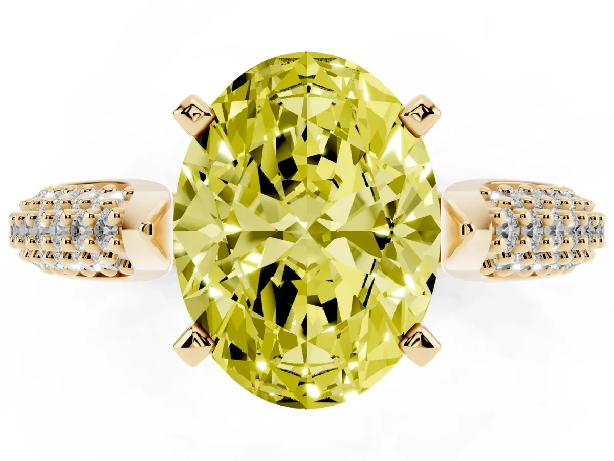 Fancy Yellow Oval Cut Diamond Solitaire Engagement Ring with Multi-Row Round Pavé Band and Prong Setting Yellow gold