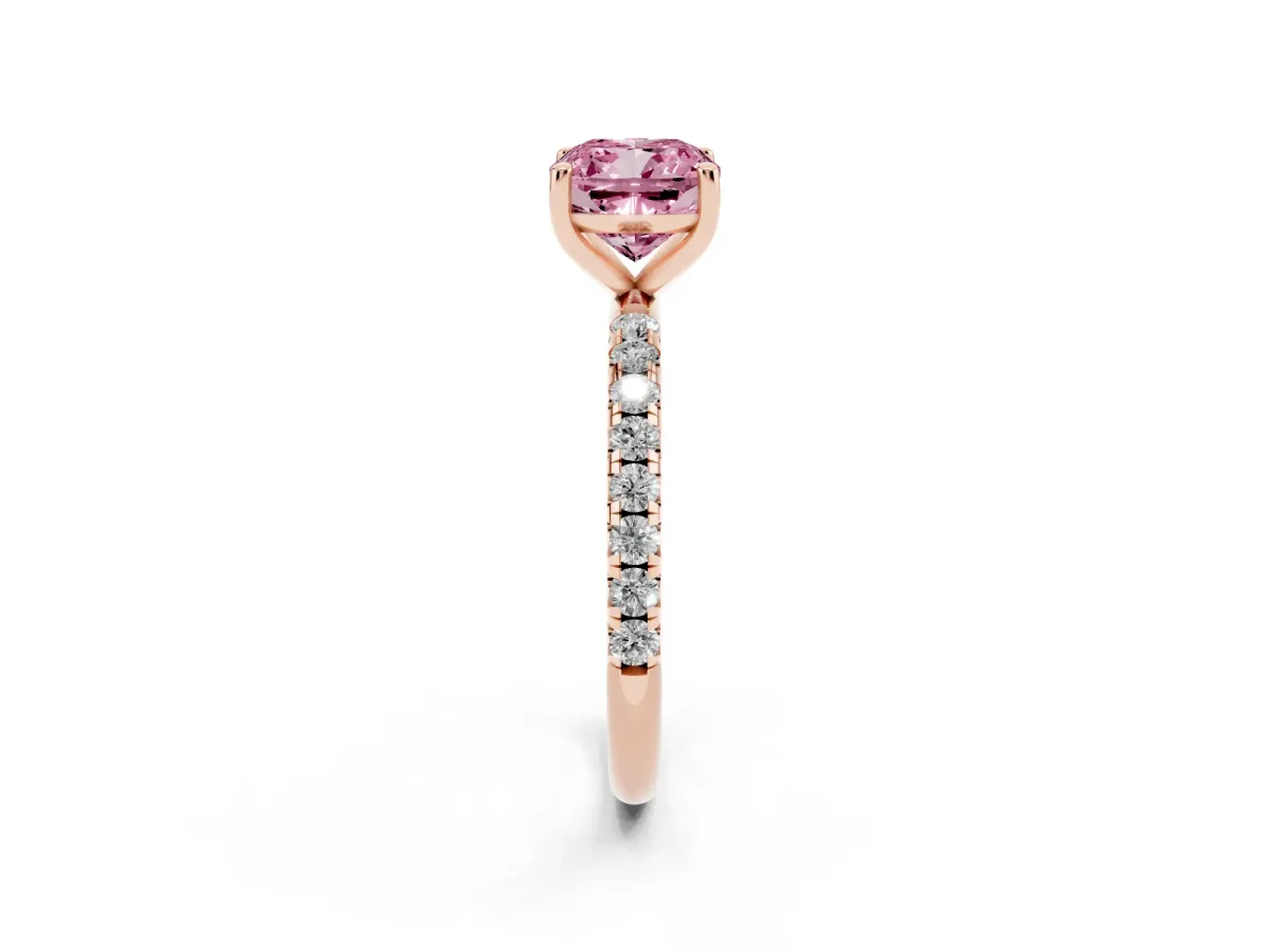 Fancy Pink Cushion Cut Cut Diamond Solitaire Ring with Micro Pave Band and Four Prong Setting Rose gold