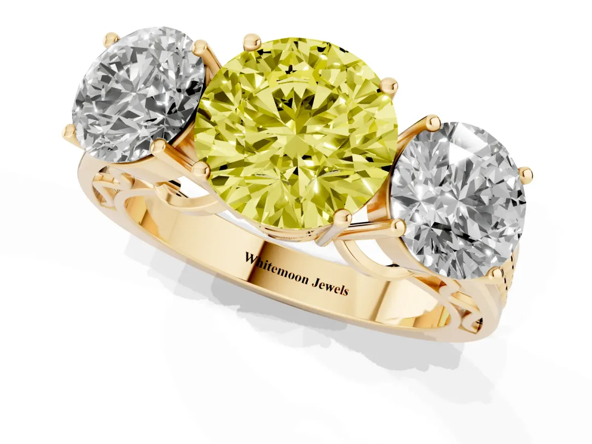 Fancy Yellow Round Cut Diamond Three-Stone Ring with Prong Setting and Textured Band Yellow gold