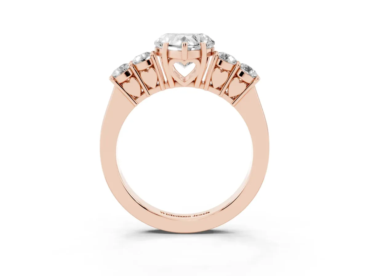 Heart Cut Cut Diamond Five-Stone Prong Set White Gold Ring Rose gold