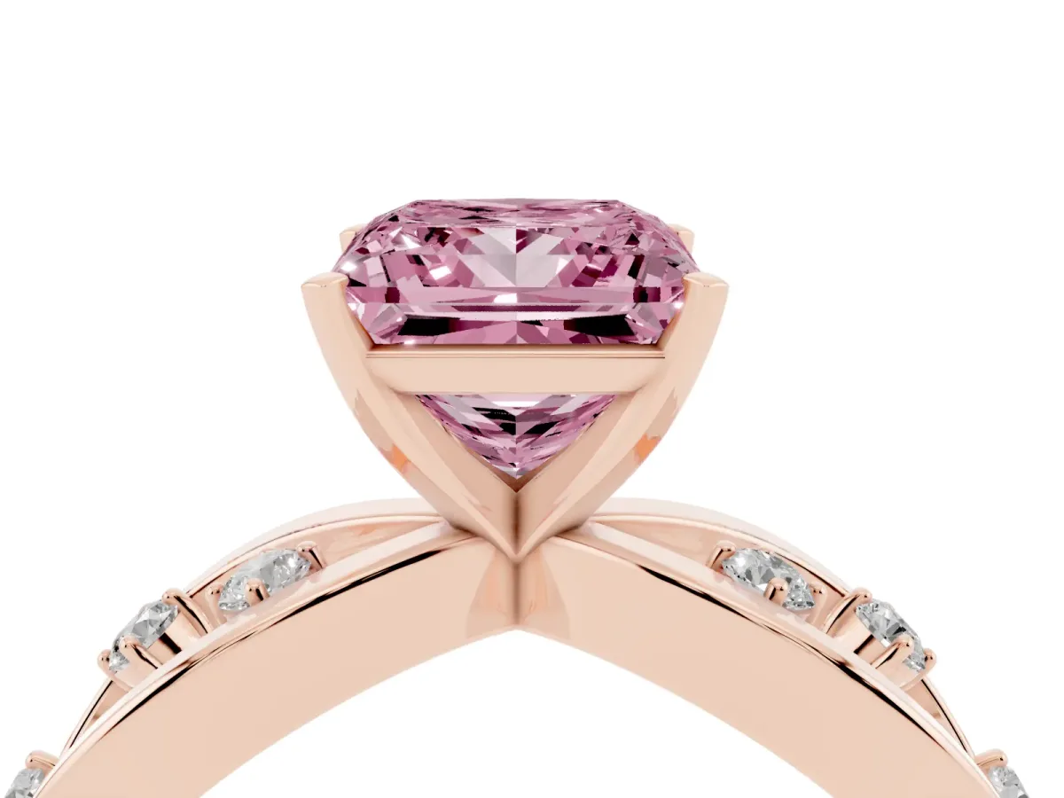 Fancy Pink Princess Cut Cut Solitaire Diamond with Side Stones on Criss-Cross Band and Four-Prong Setting Rose gold