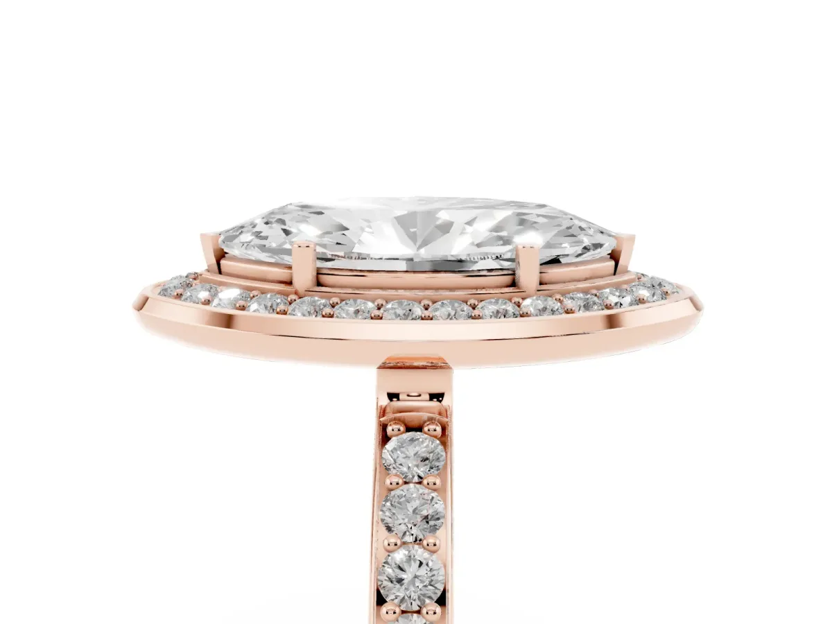 Marquise Cut Diamond Halo Ring with Bezel Frame and Pavé Band Rose gold