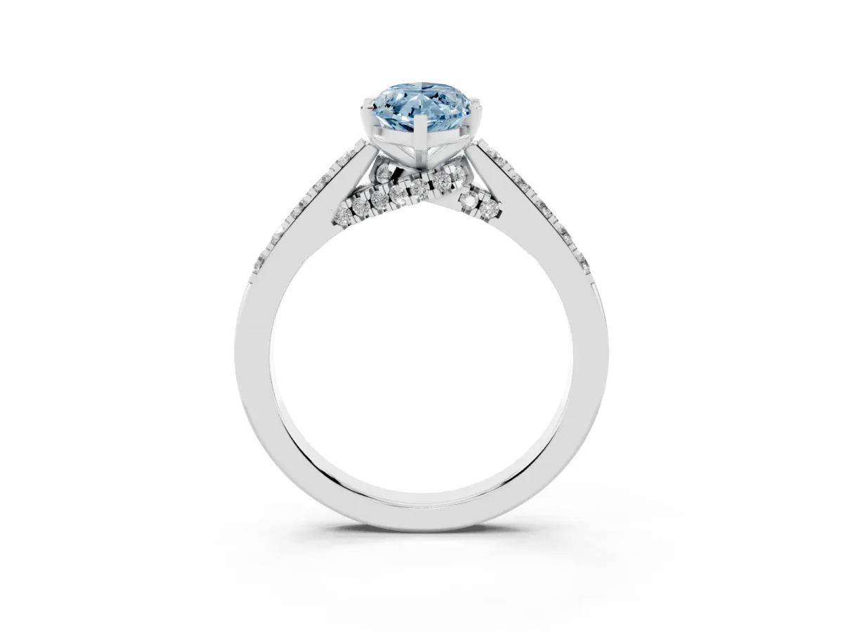 Fancy Blue Marquise Cut Diamond Solitaire Ring with Crossover Gallery and Round Pavé Band Silver