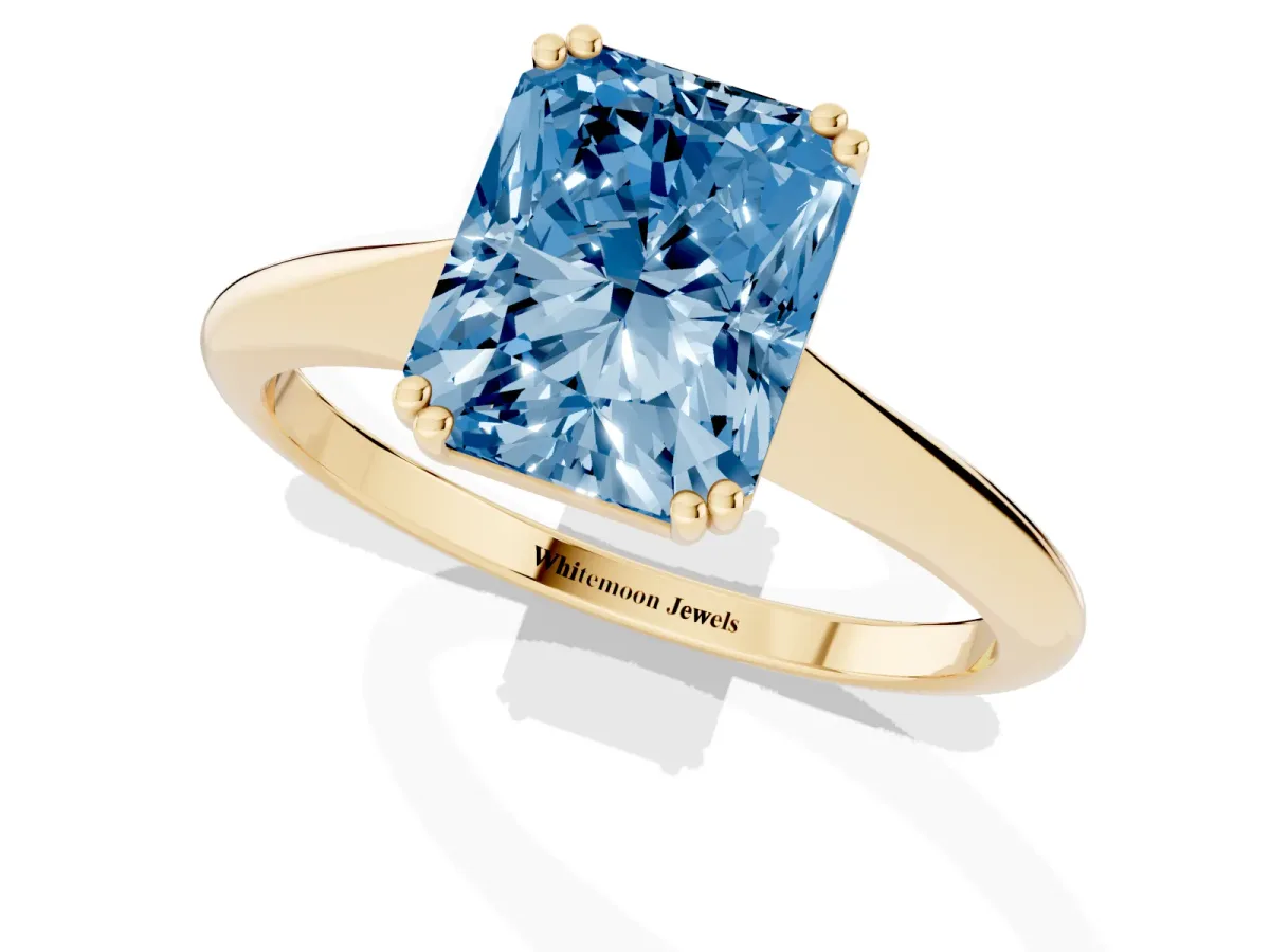 Fancy Blue Radiant Cut Solitaire Diamond Ring with Six-Prong Setting and Classic Band Yellow gold