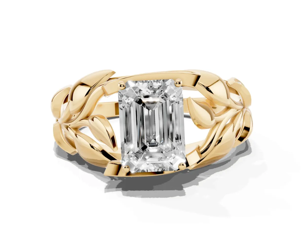 Emerald Cut Diamond Leaf-Inspired Engagement Ring with Round Accents and Prong Setting Yellow gold