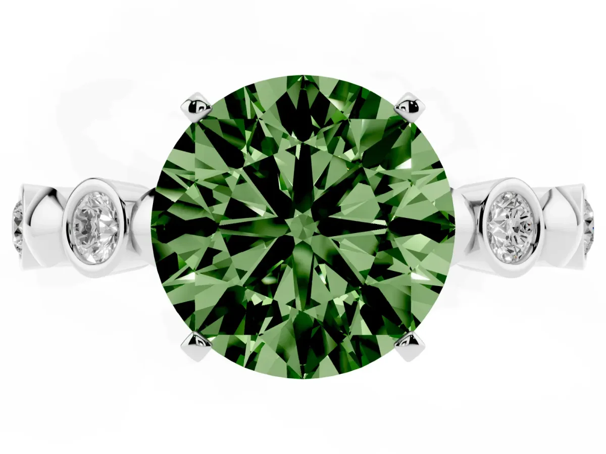 Fancy Green Round Cut Solitaire Bezel-Set Diamond Ring with Beaded Band and Four-Prong Setting Silver