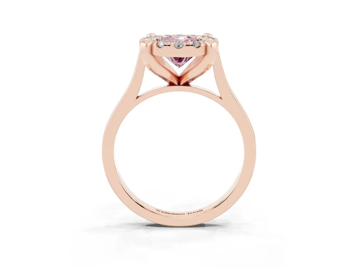 Fancy Pink Oval Cut Diamond Cluster Halo Solitaire with Four-Prong Setting Rose gold