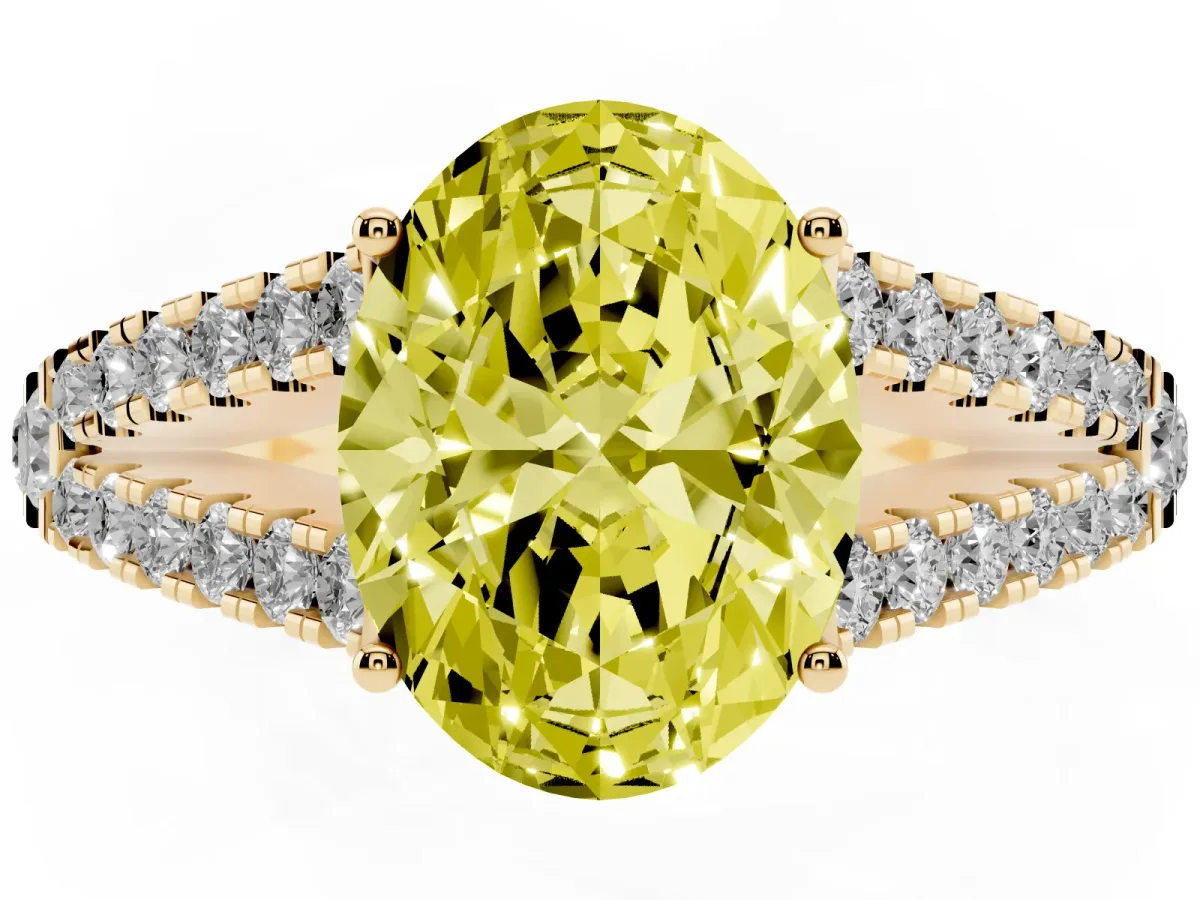 Fancy Yellow Oval Cut Diamond Split Shank Pavé Engagement Ring with Four-Prong Setting Yellow gold