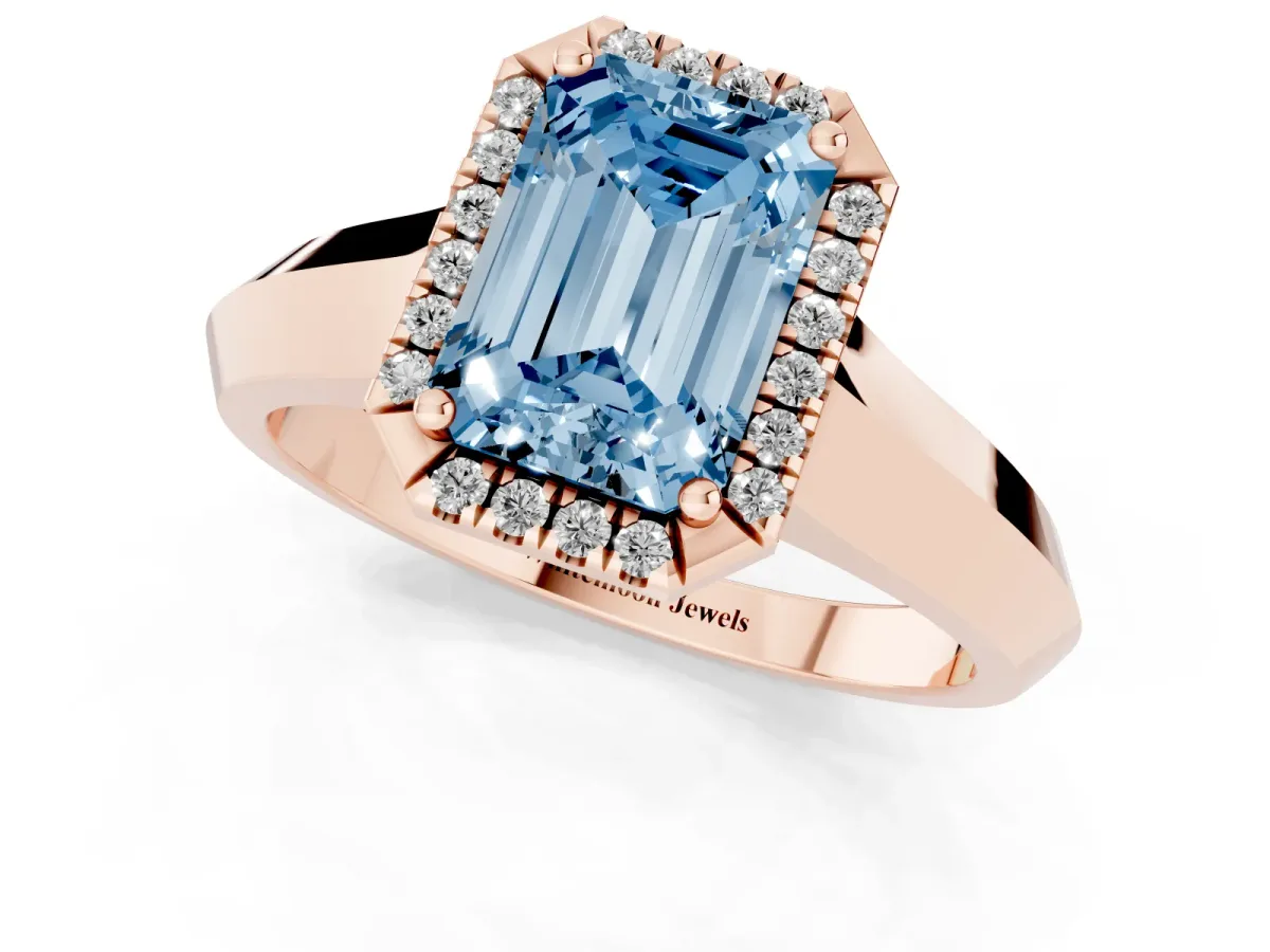 Fancy Blue Emerald Cut Halo Diamond Ring with Cathedral Band and Four-Prong Setting Rose gold