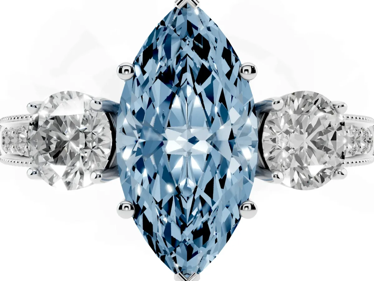 Fancy Blue Marquise Cut Three-Stone Diamond Ring with Pavé Band and Four-Prong Setting Silver