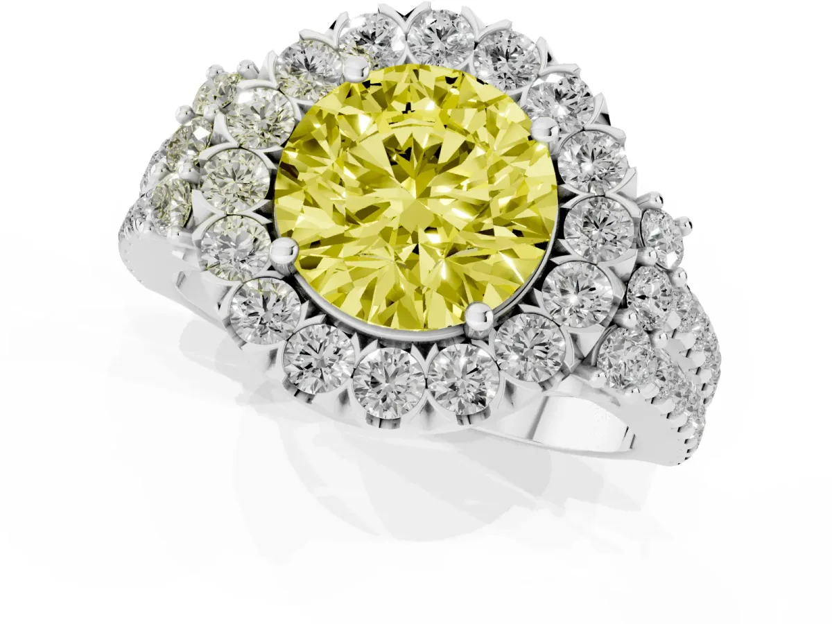 Fancy Yellow Round Cut Cut Double Halo Diamond Engagement Ring with Pave Band and Four-Prong Setting Platinum