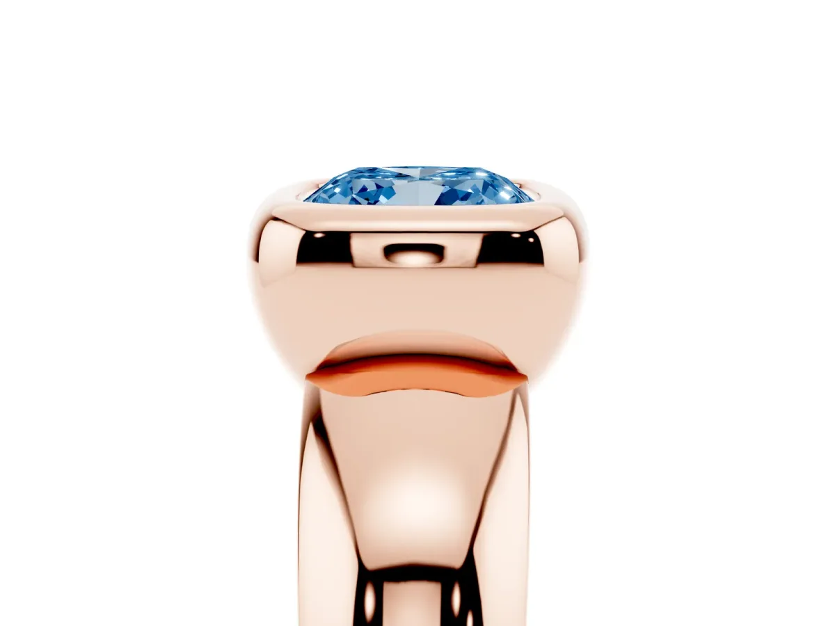 Fancy Blue Bezel Set Cushion Cut Solitaire Ring with Wide Band Rose gold