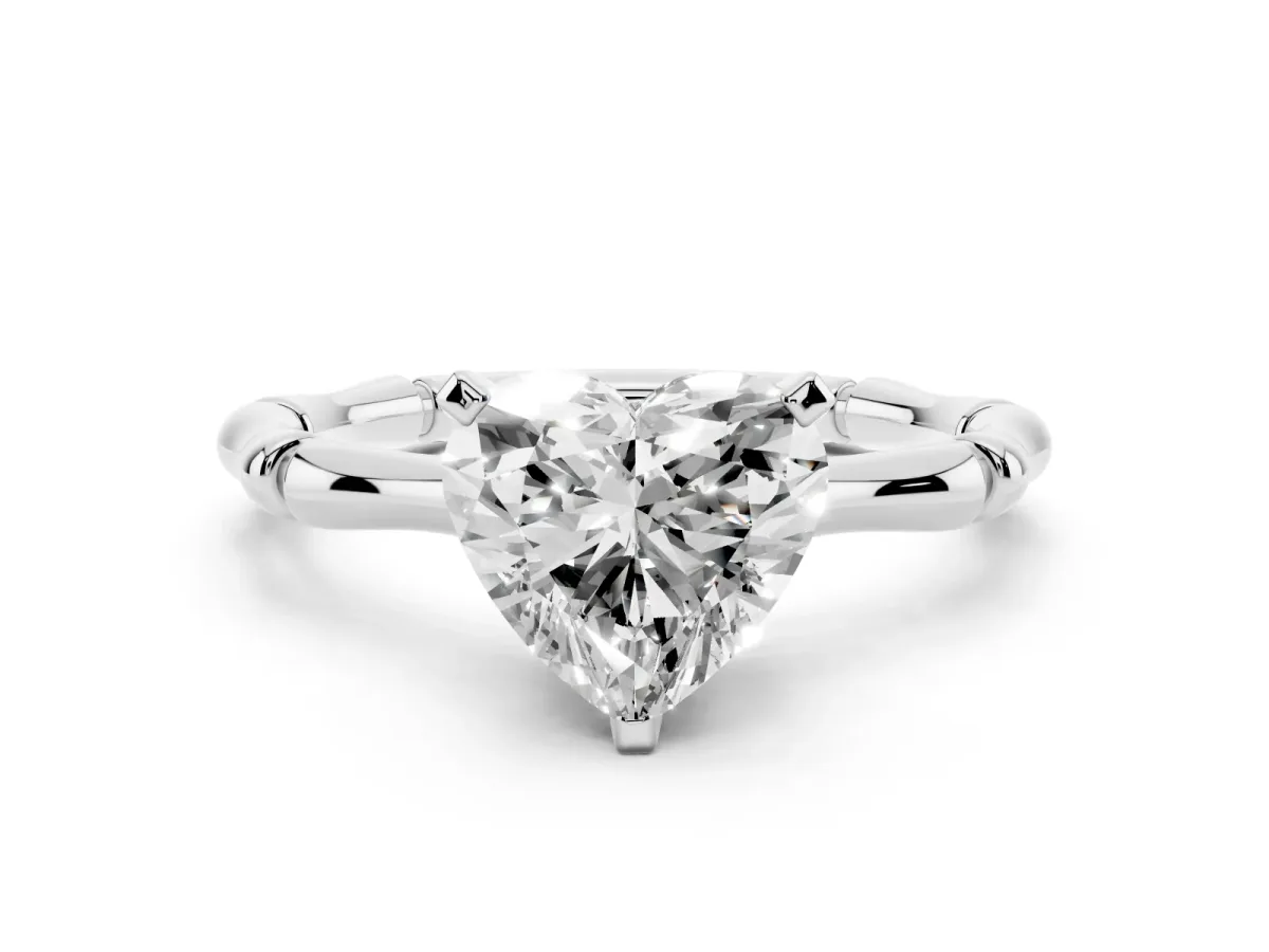 Heart Cut Solitaire Diamond Ring with Bamboo Band and Four-Prong Setting Platinum