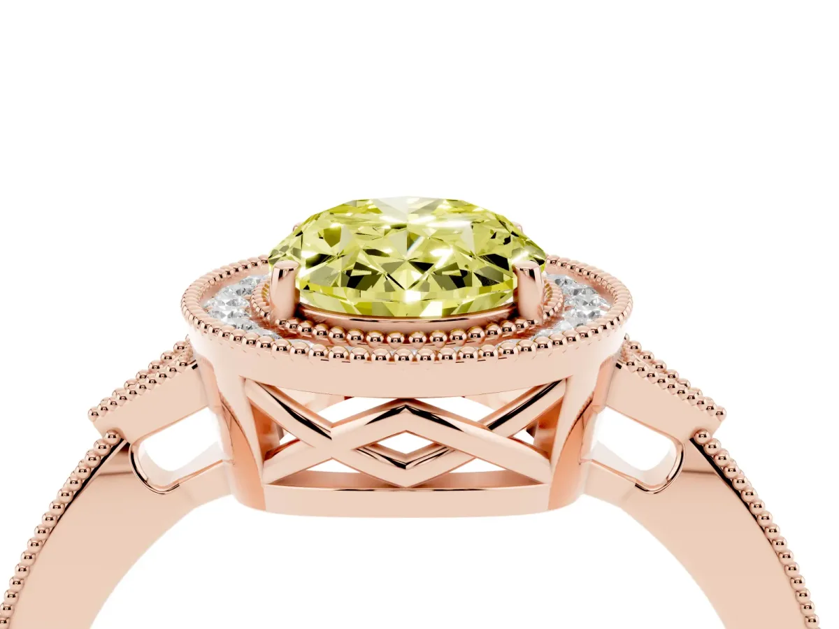 Fancy Yellow Oval Cut Halo Round Diamond Milgrain Pave Engagement Ring Rose gold