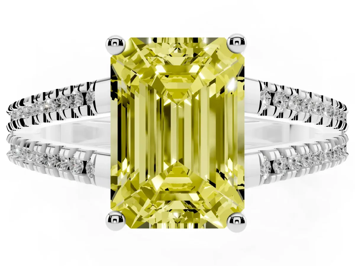 Fancy Yellow Emerald Cut Diamond Solitaire Engagement Ring with Split Shank Pavé Band Platinum