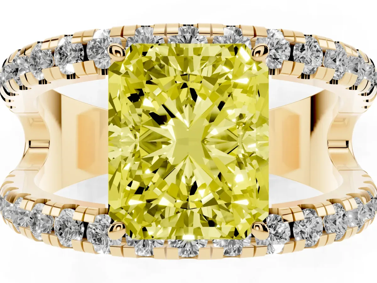 Fancy Yellow Radiant Cut Solitaire Split Shank Pave Diamond Ring Yellow gold