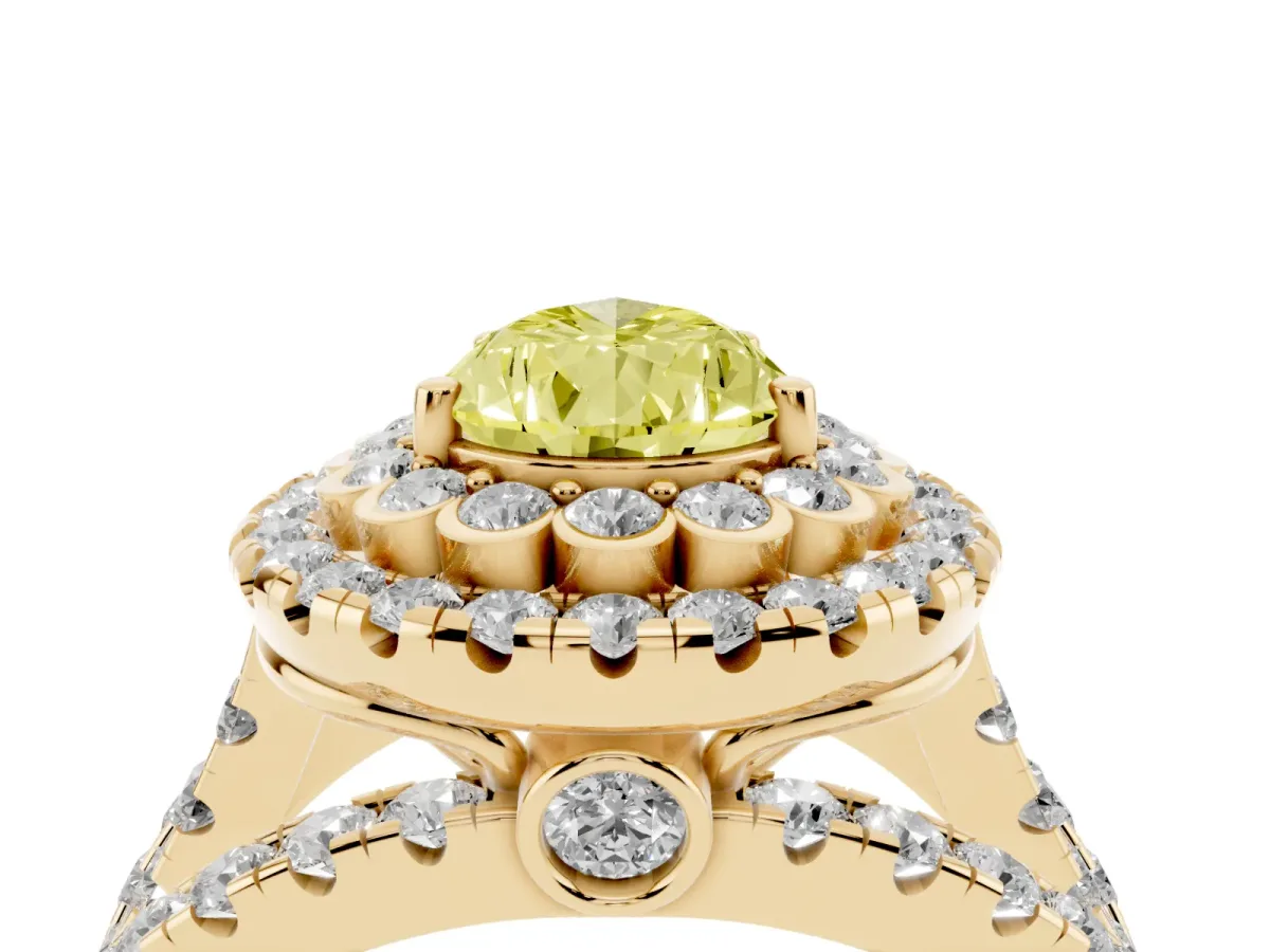 Fancy Yellow Pear Cut Diamond Double Halo Ring with Round Pavé Split Shank and Prong Setting Yellow gold