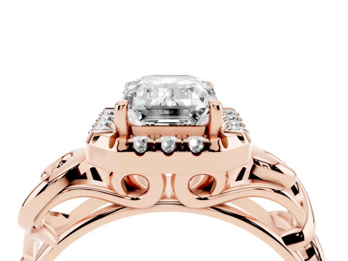 Emerald Cut Cut Halo Diamond Ring with Scrollwork Band and Four-Prong Setting Rose gold
