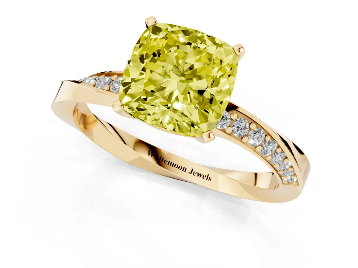 Fancy Yellow Cushion Cut Diamond Engagement Ring with Side Stone Accents and Four-Prong Setting Yellow gold
