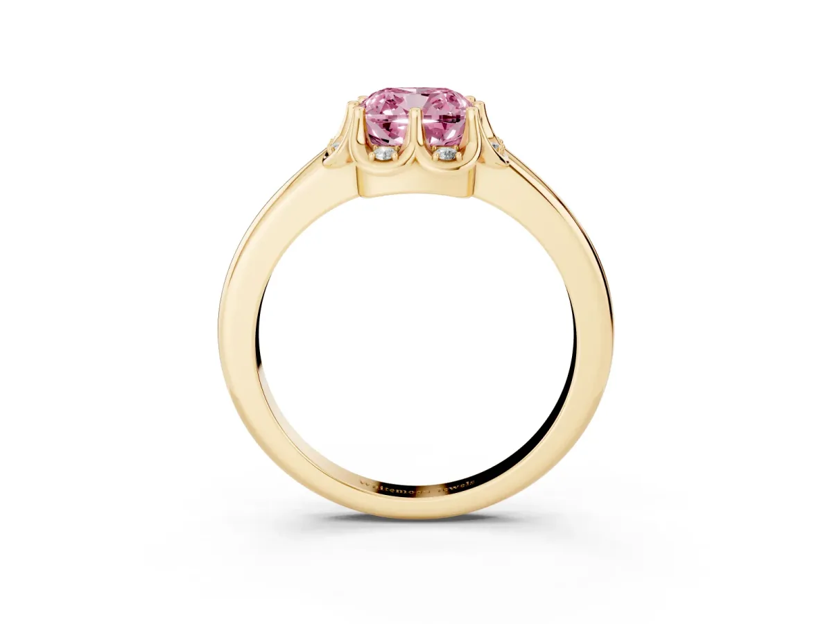 Fancy Pink Cushion Cut Halo Diamond Ring with Round Cluster Setting, Solitaire Band, and Four-Prong Setting Yellow gold