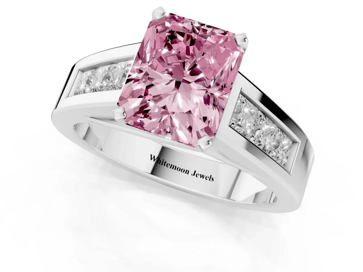 Fancy Pink Radiant Cut Cut Channel Set Solitaire Ring with Four-Prong Setting Platinum
