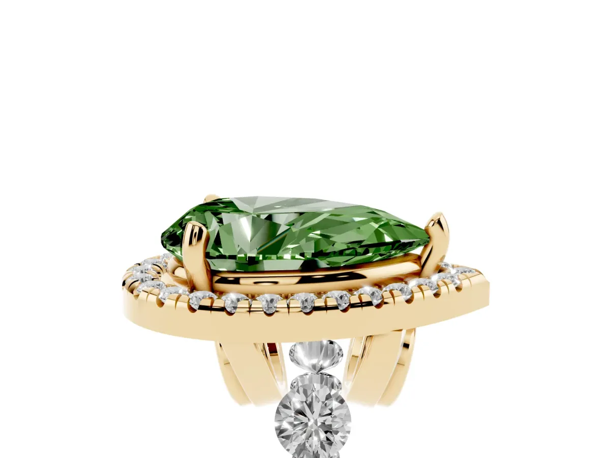 Fancy Green Pear Cut Halo Pavé Diamond Engagement Ring with Four-Prong Setting Yellow gold