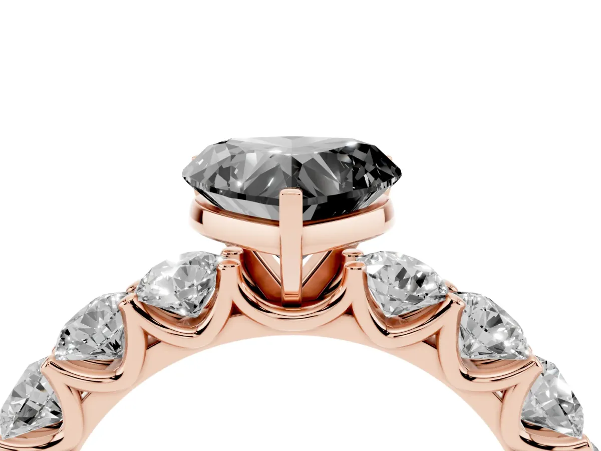 Fancy Black Heart Cut Diamond Prong Setting with Side Stones on a Pave Band Rose gold