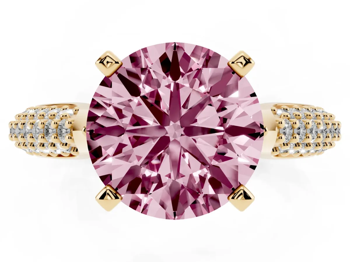 Fancy Pink Round Cut Diamond Solitaire Engagement Ring with Multi-Row Round Pavé Band and Prong Setting Yellow gold