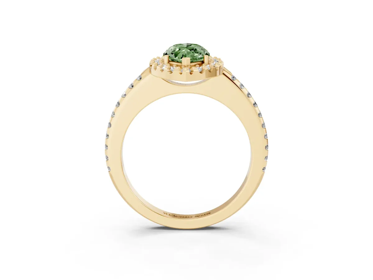 Fancy Green Marquise Cut Diamond Pavé Halo Ring with Four-Prong Setting Yellow gold