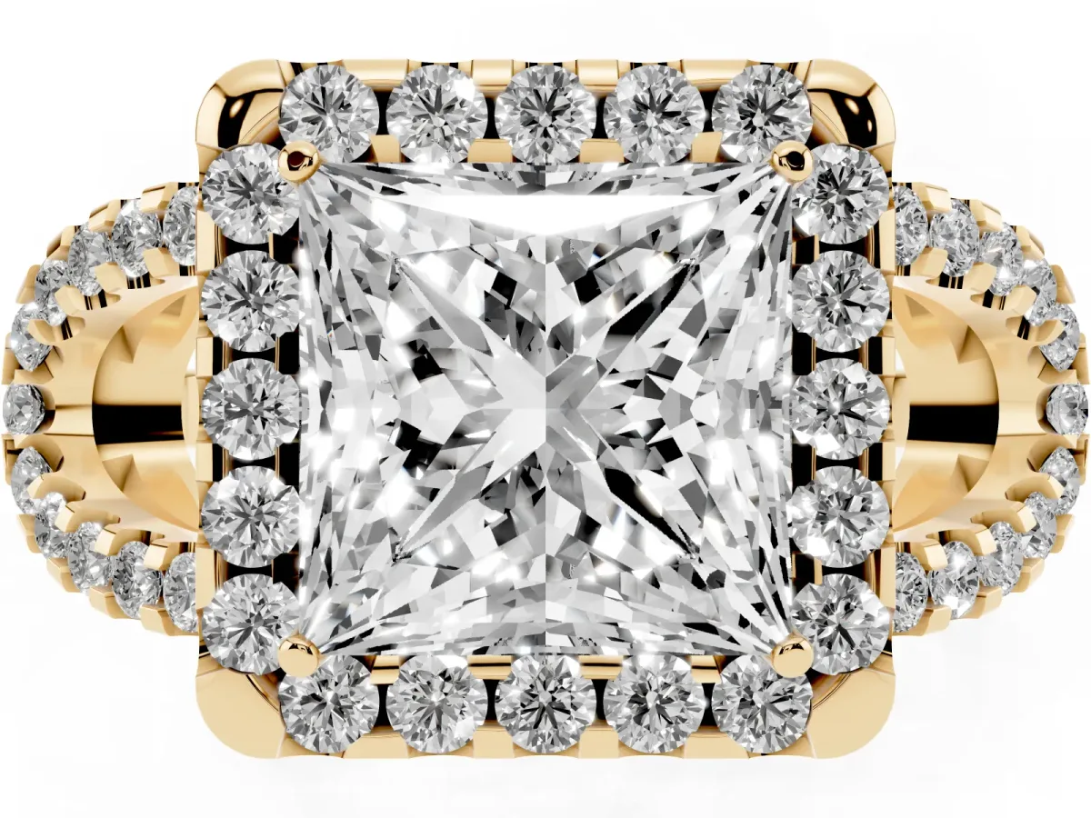 Princess Cut Cut Diamond Halo Engagement Ring with Open Split Pavé Band Yellow gold