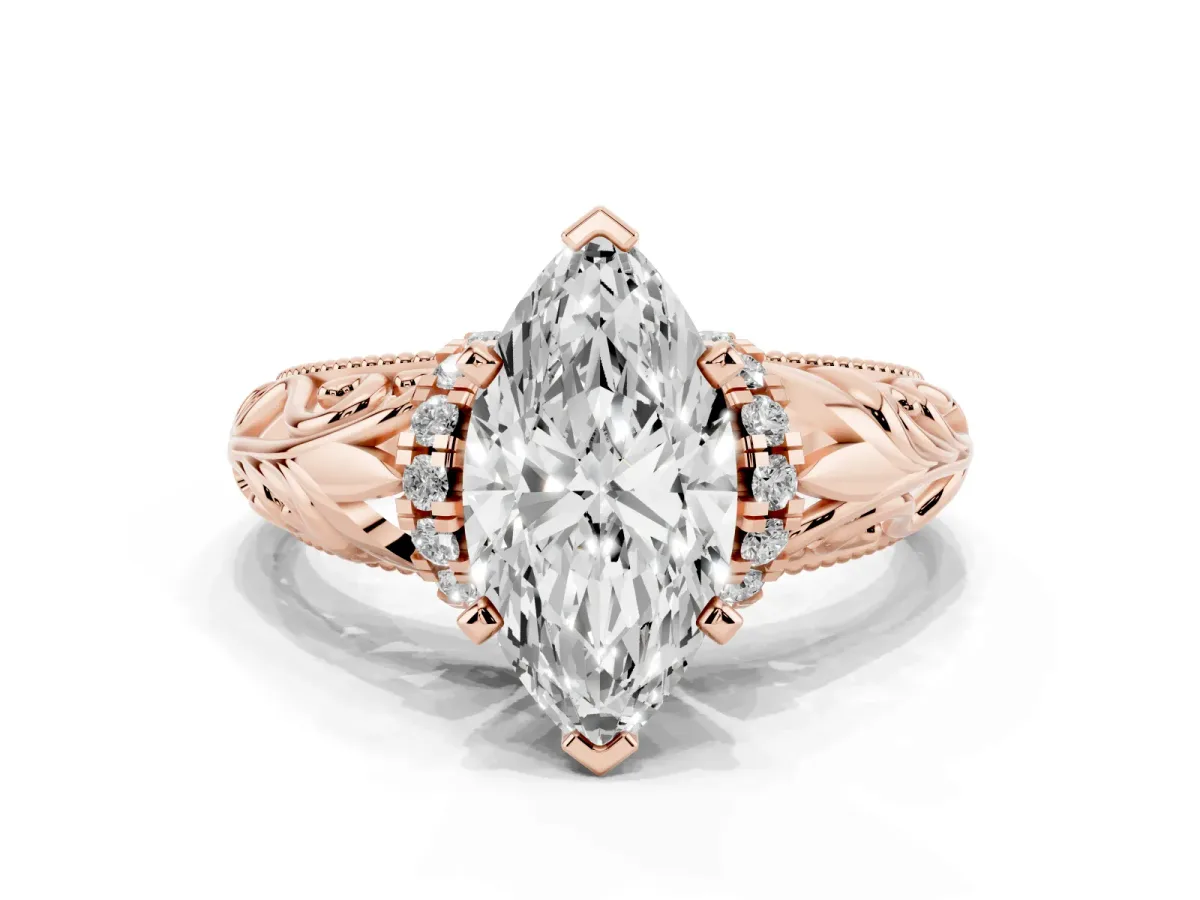Marquise Cut Solitaire Filigree Engagement Ring with Halo and Prong Setting Rose gold