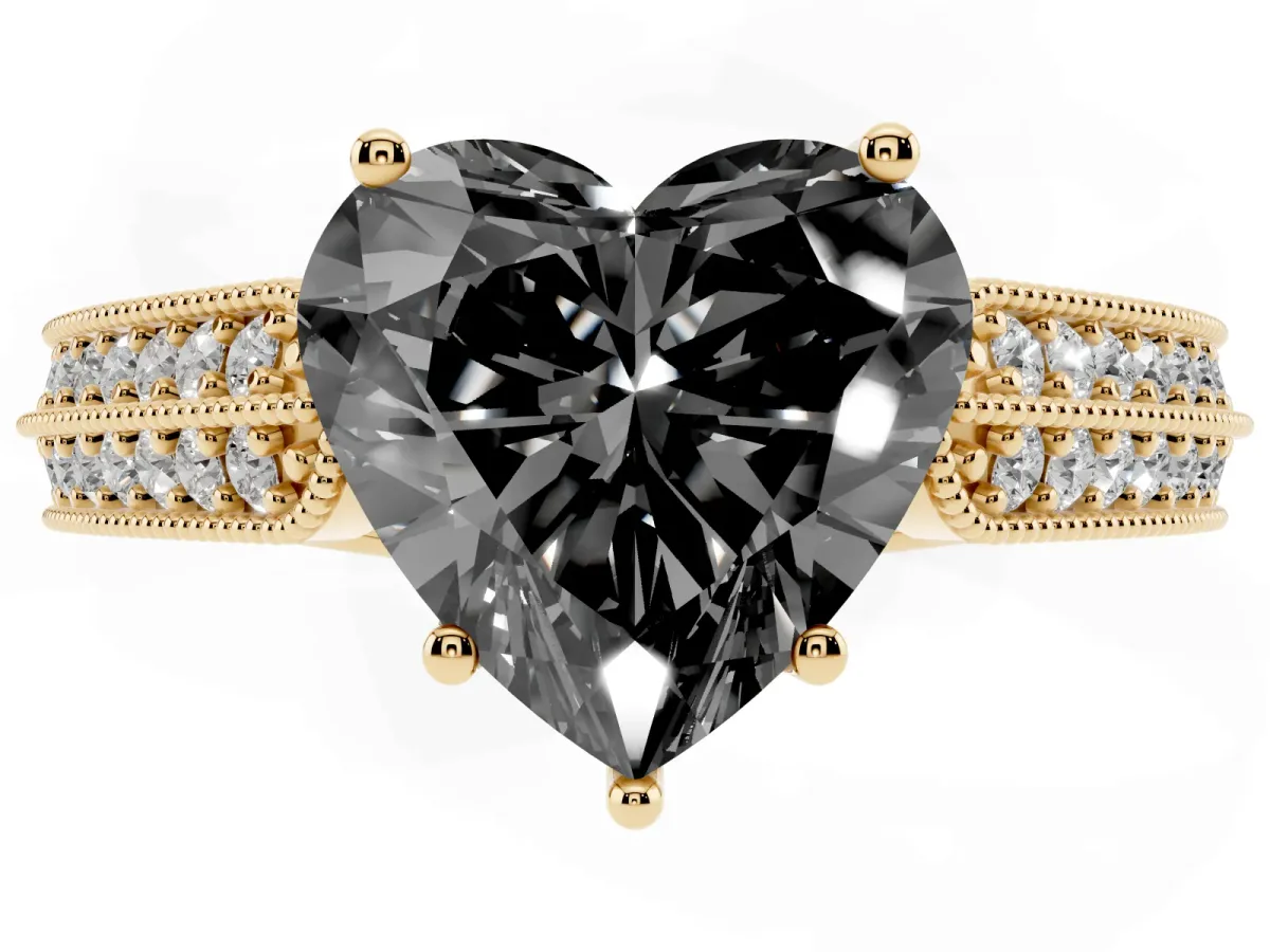 Fancy Black Heart Cut Cut Pave Split Shank Engagement Ring with Four-Prong Setting Yellow gold
