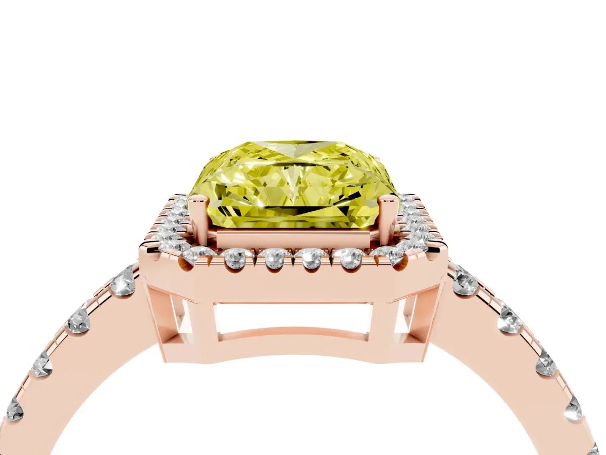 Fancy Yellow Radiant Cut Diamond Halo Ring with Pavé Band and Four-Prong Setting Rose gold