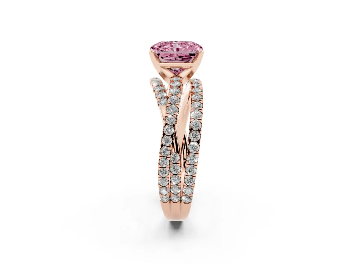 Fancy Pink Radiant Cut Solitaire Twist Band with Pavé Setting and Four-Prong Setting Rose gold
