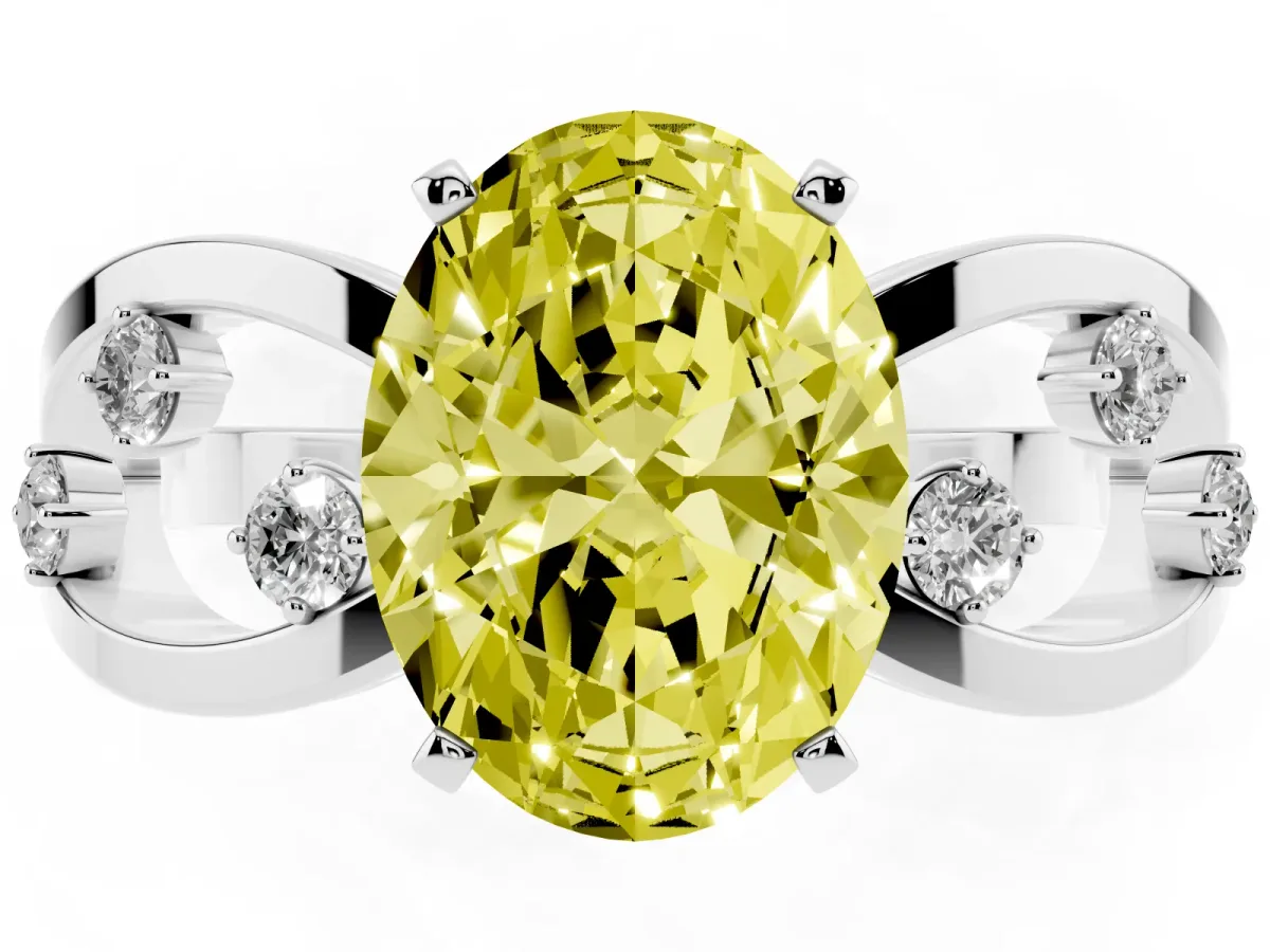Fancy Yellow Oval Cut Cut Solitaire Diamond with Side Stones on Criss-Cross Band and Four-Prong Setting Silver