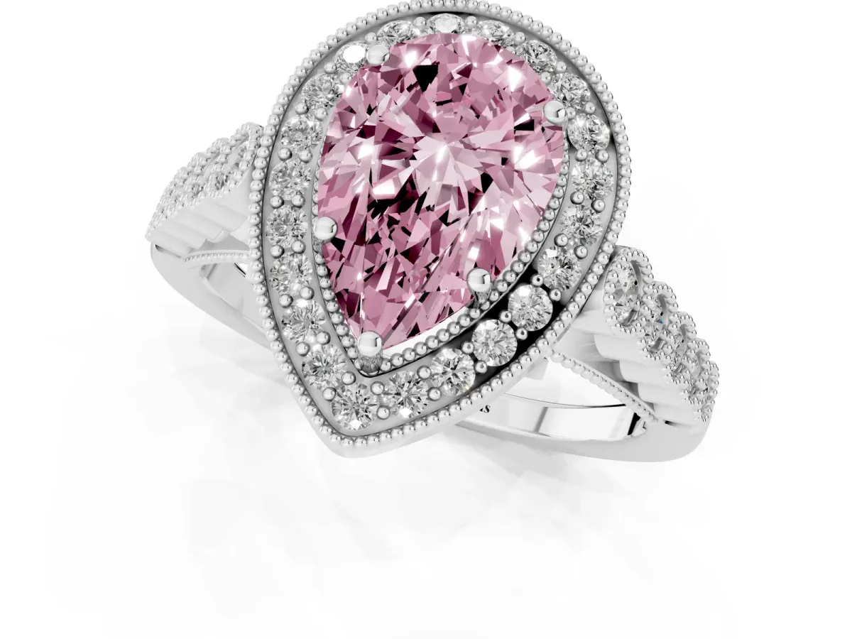 Fancy Pink Pear Cut Halo Twist Band Solitaire Ring with Six-Prong Setting Silver