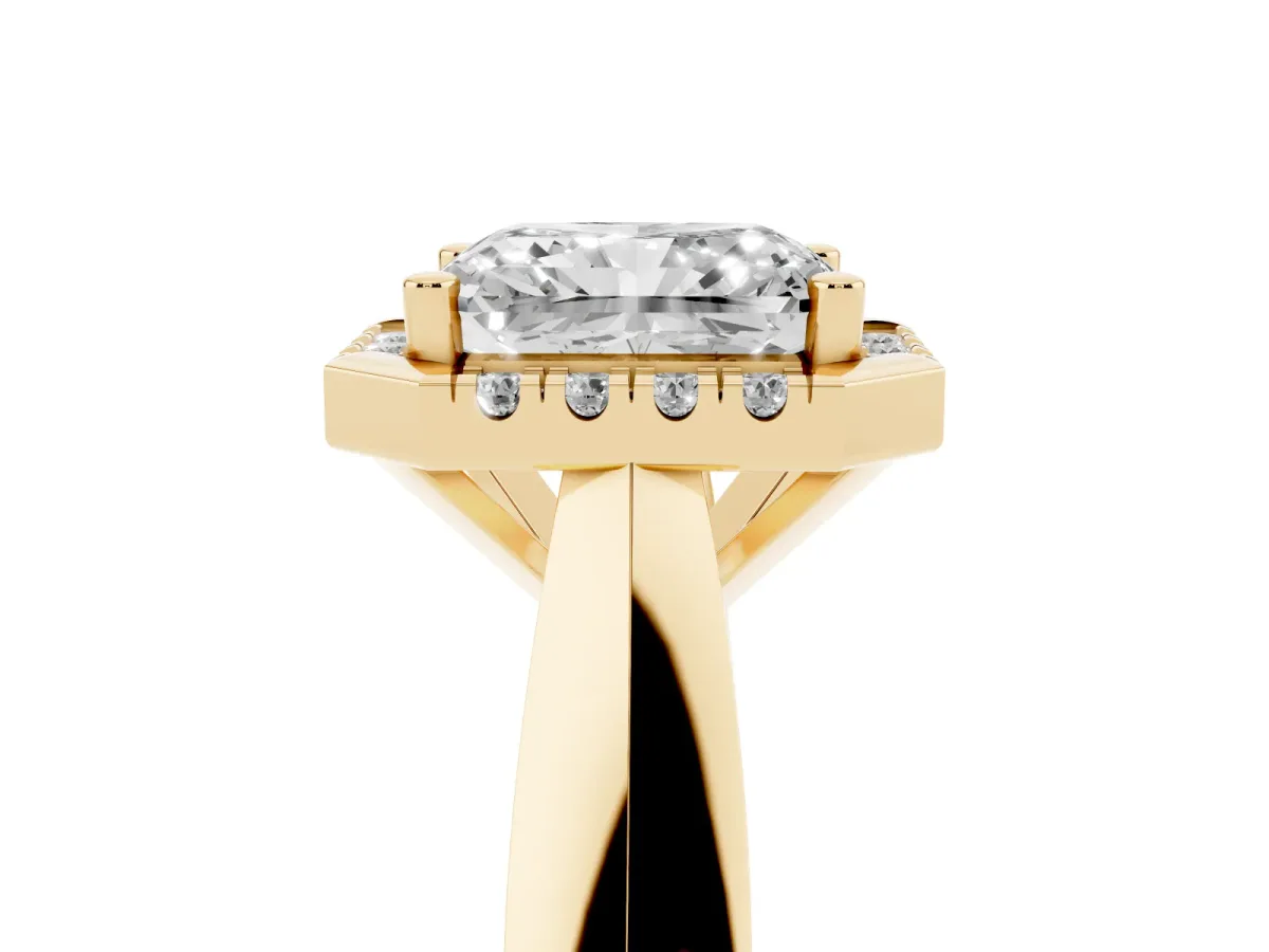 Radiant Cut Cut Halo Solitaire Engagement Ring with Square Band and Four-Prong Setting Yellow gold